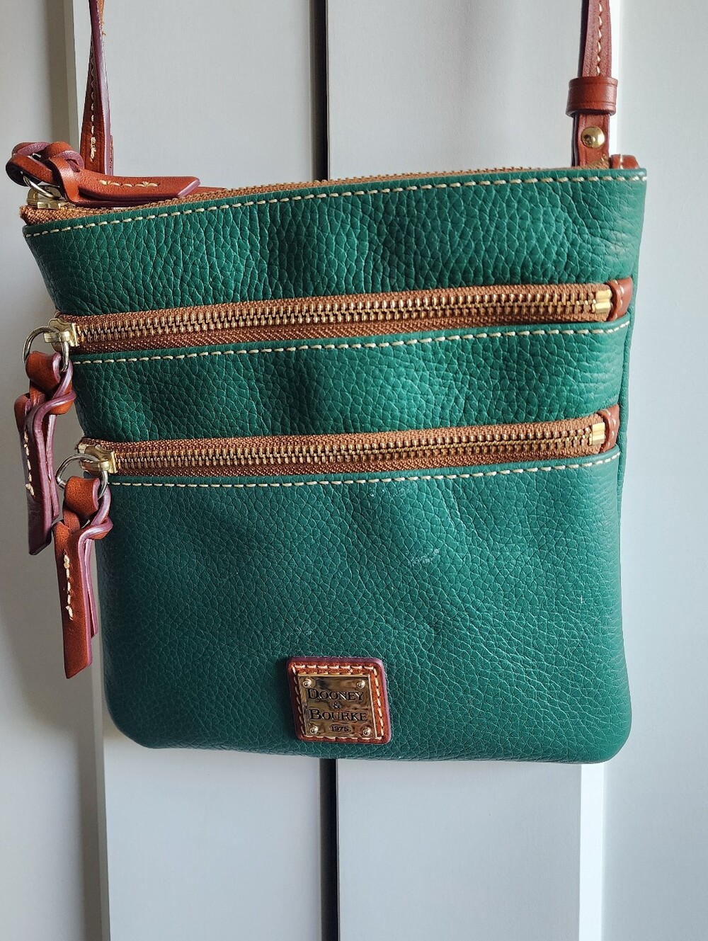 Dooney & Bourke Emerald Green Pebbled Leather Crossbody with Tan Trim